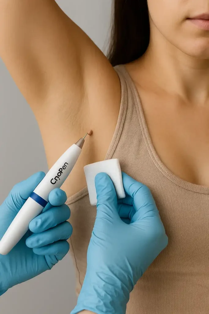 woman having cryopen to remove underarm skin tags Congleton