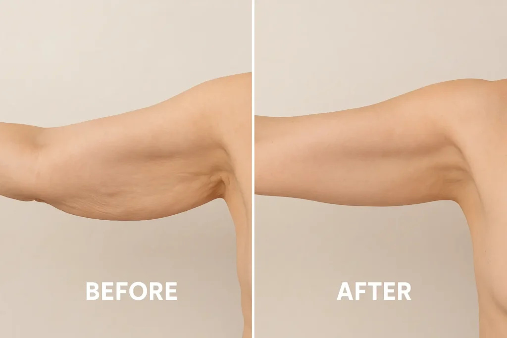 Picture of LA LIPO Congleton before and after results of skin tightening treatment on the upper arms.