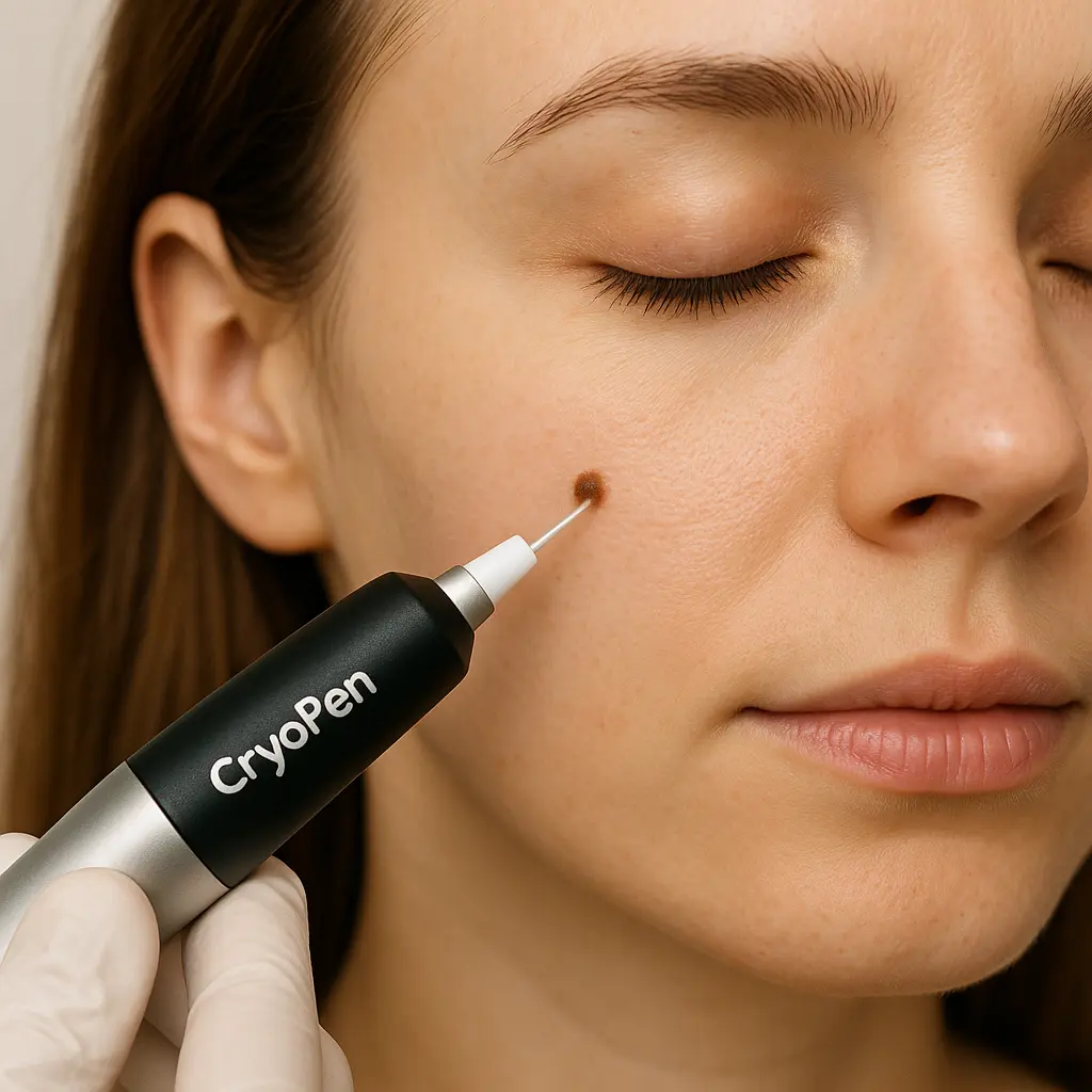 woman receiving facial mole removal Congleton using cryopen