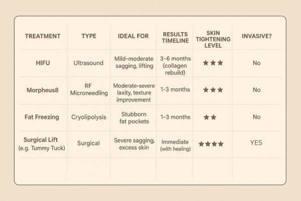 Table showing the comparisons of Skin tightening Congleton treatment options.